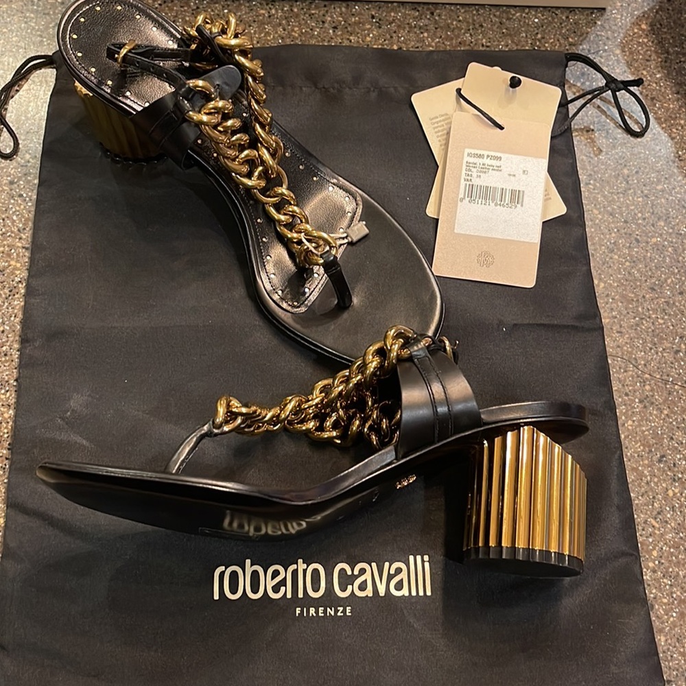 ROBERTO CAVALLI BLACK AND GOLD CHAIN SANDALS SIZE 38